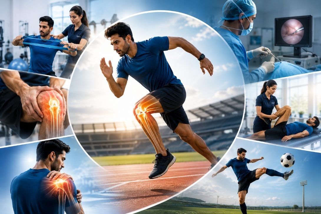 Athlete in motion with joint injury illustrations